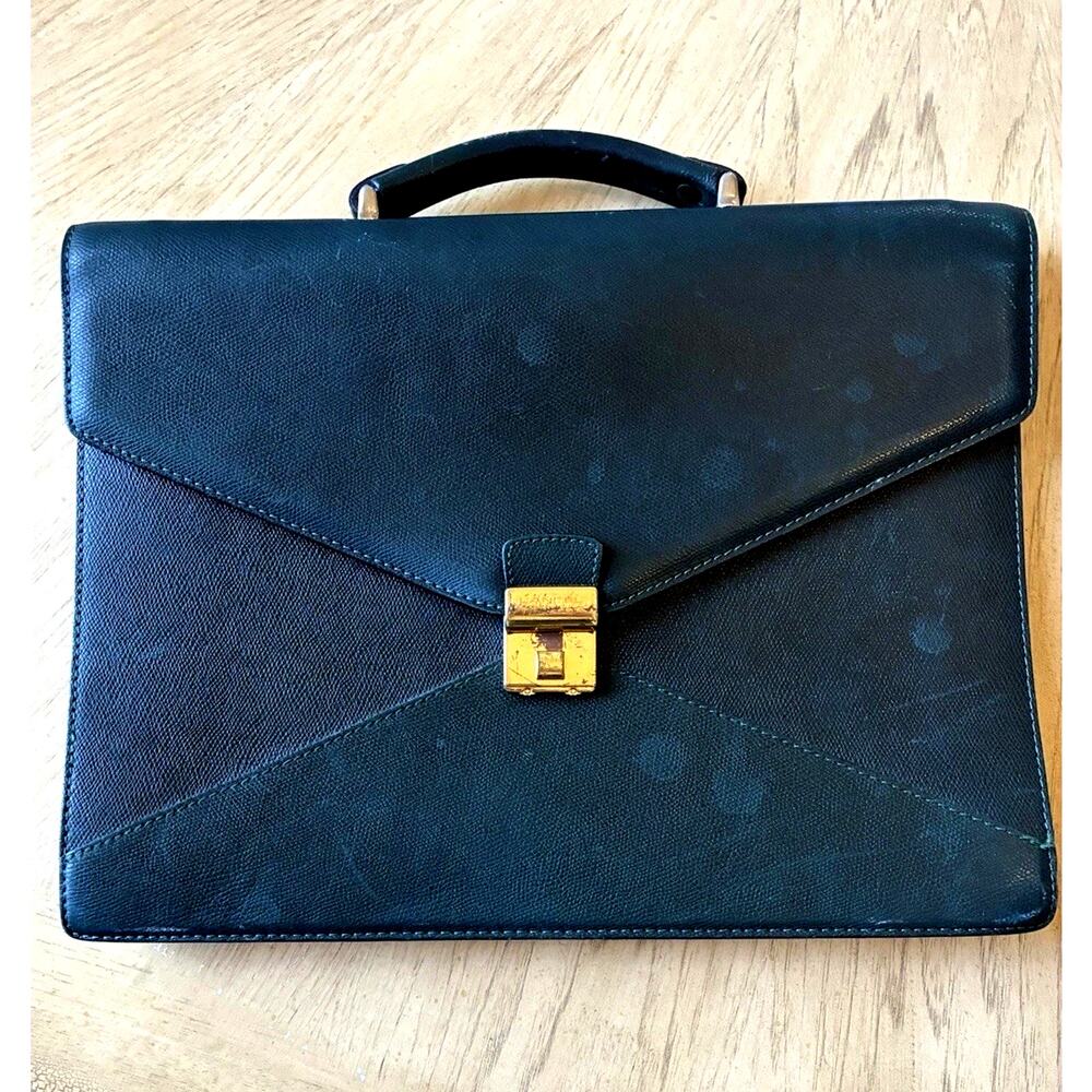 VTG LANCEL Paris Green Leather Envelope Briefcase Portfolio Gold Clutch France